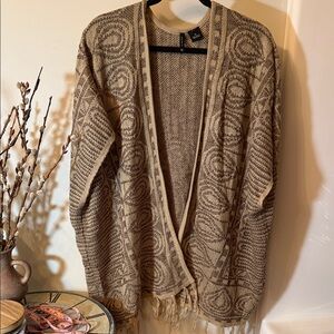 Zara New Directions Beige & Brown Open-Front Fringe Knit light weight Cardigan